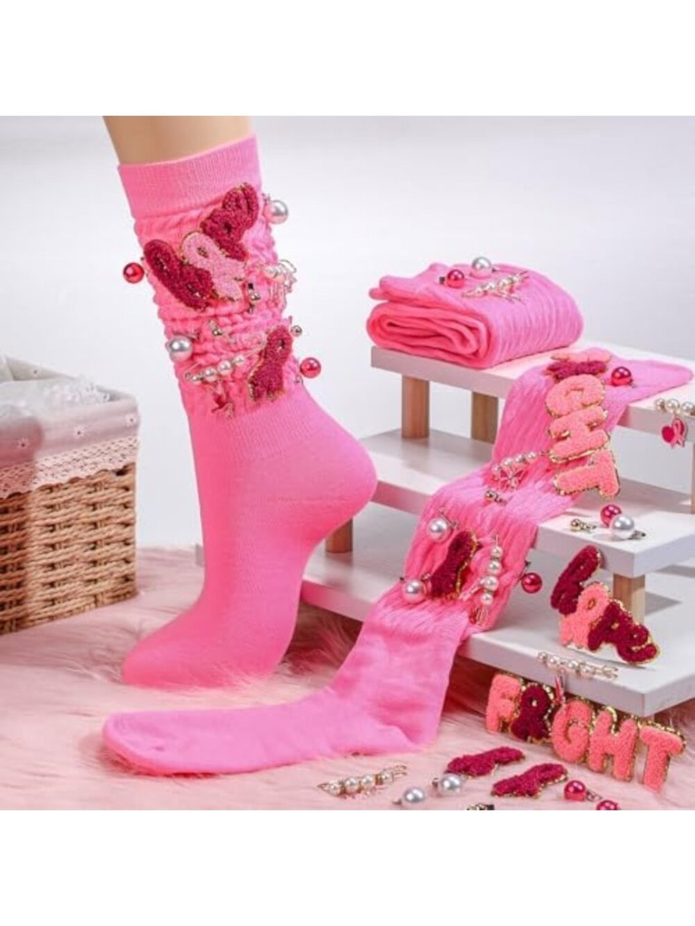 2 Pairs Pink Breast Cancer Awareness Socks with Charms & Pins for Women - Picture 2 of 6